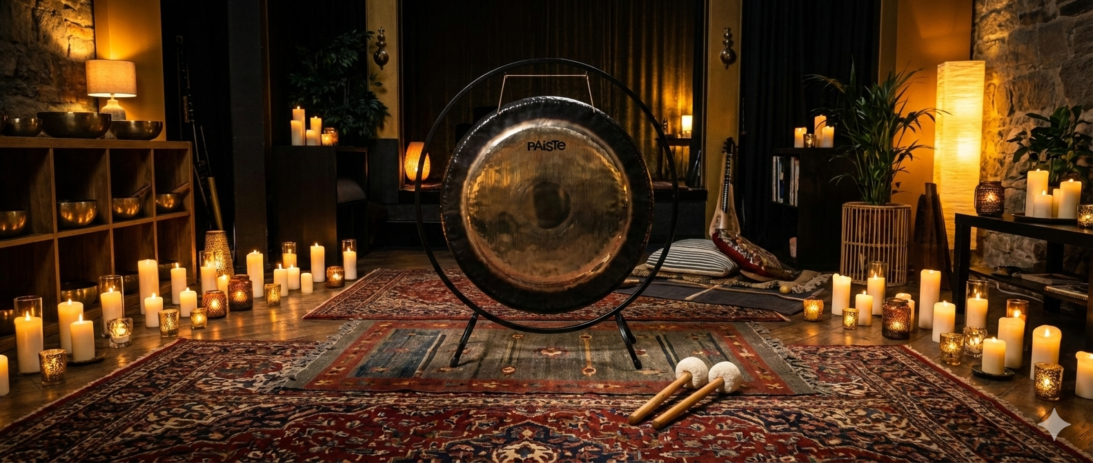 Bronze Paiste gong surrounded by candles in an intimate candlelit studio